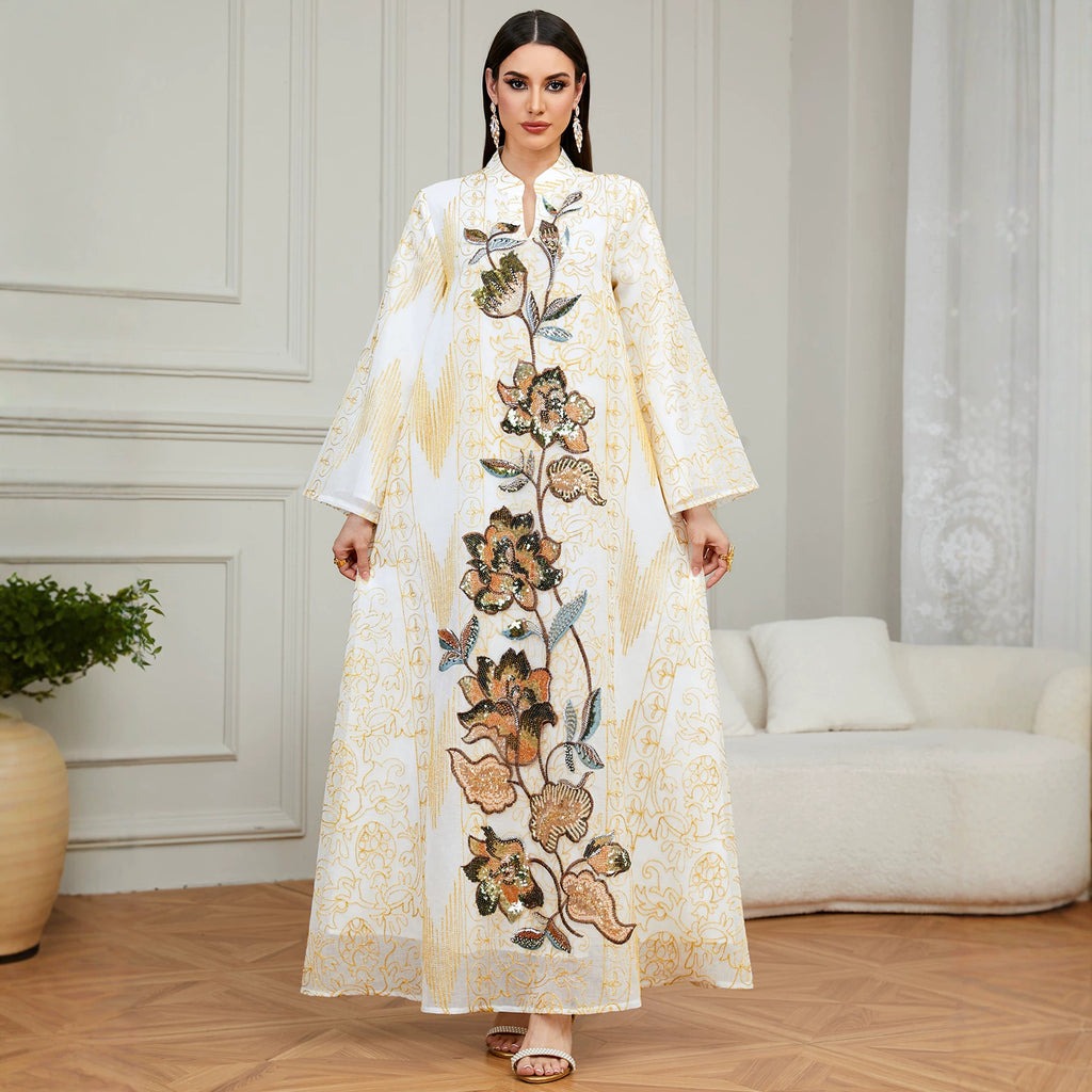 Floral Appliqué Long-Sleeve Maxi Dress