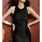 Shiny Fringe Checkered Maxi Dress for Women, Waist-Cinching