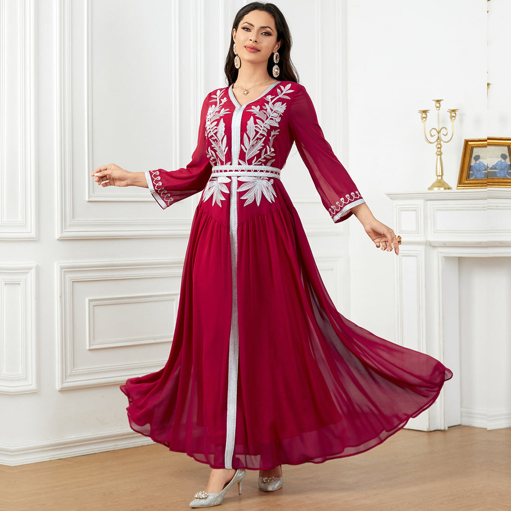 Embroidered V-Neck Robe Maxi Dress
