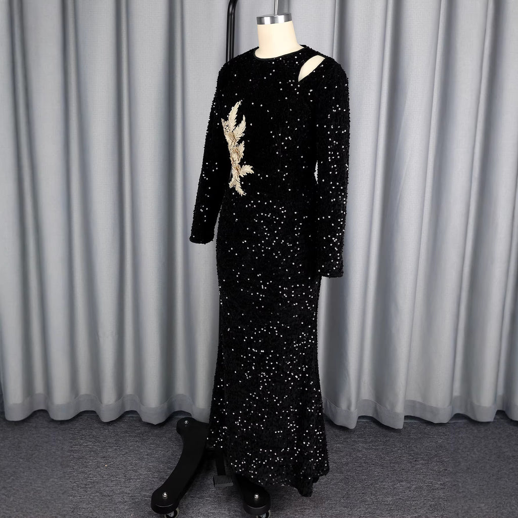 Sequin Round-Neck Maxi Dress