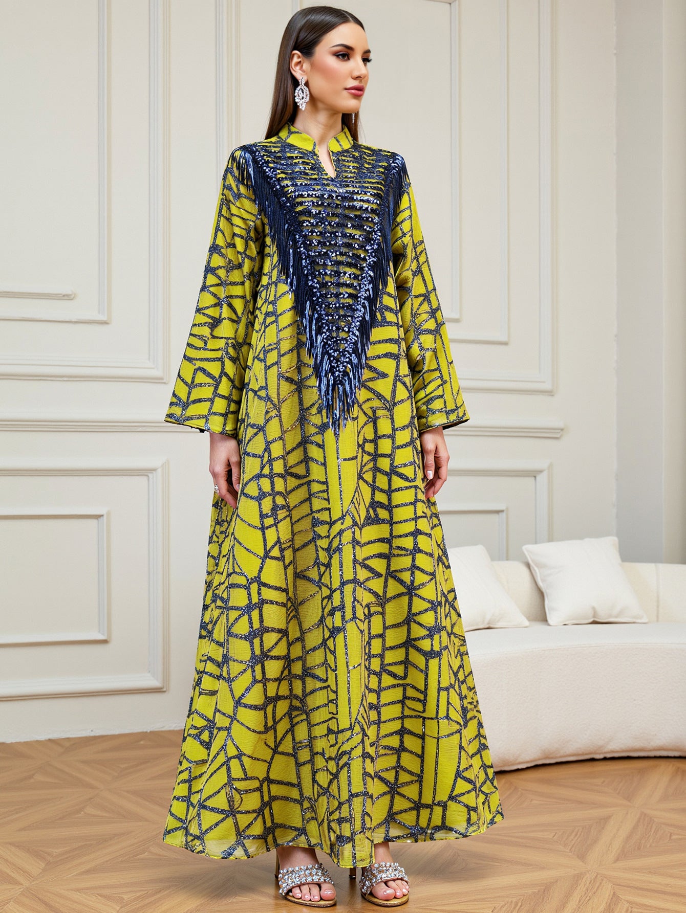 Yellow Sequin Tassel Maxi Dress