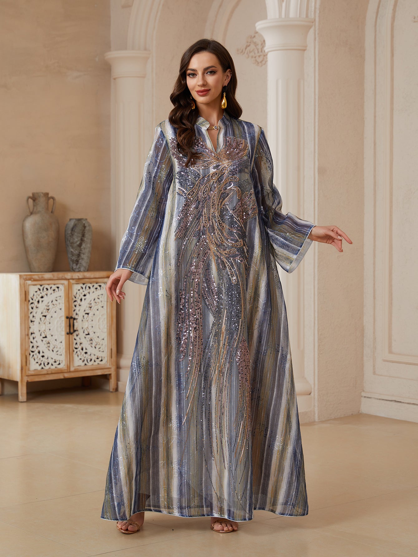 Mesh Sequin Embroidered Maxi Dress