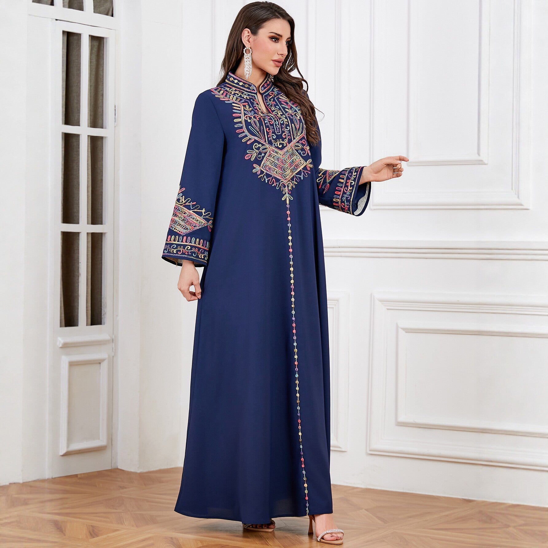 Embroidered Robe Maxi Dress, Navy