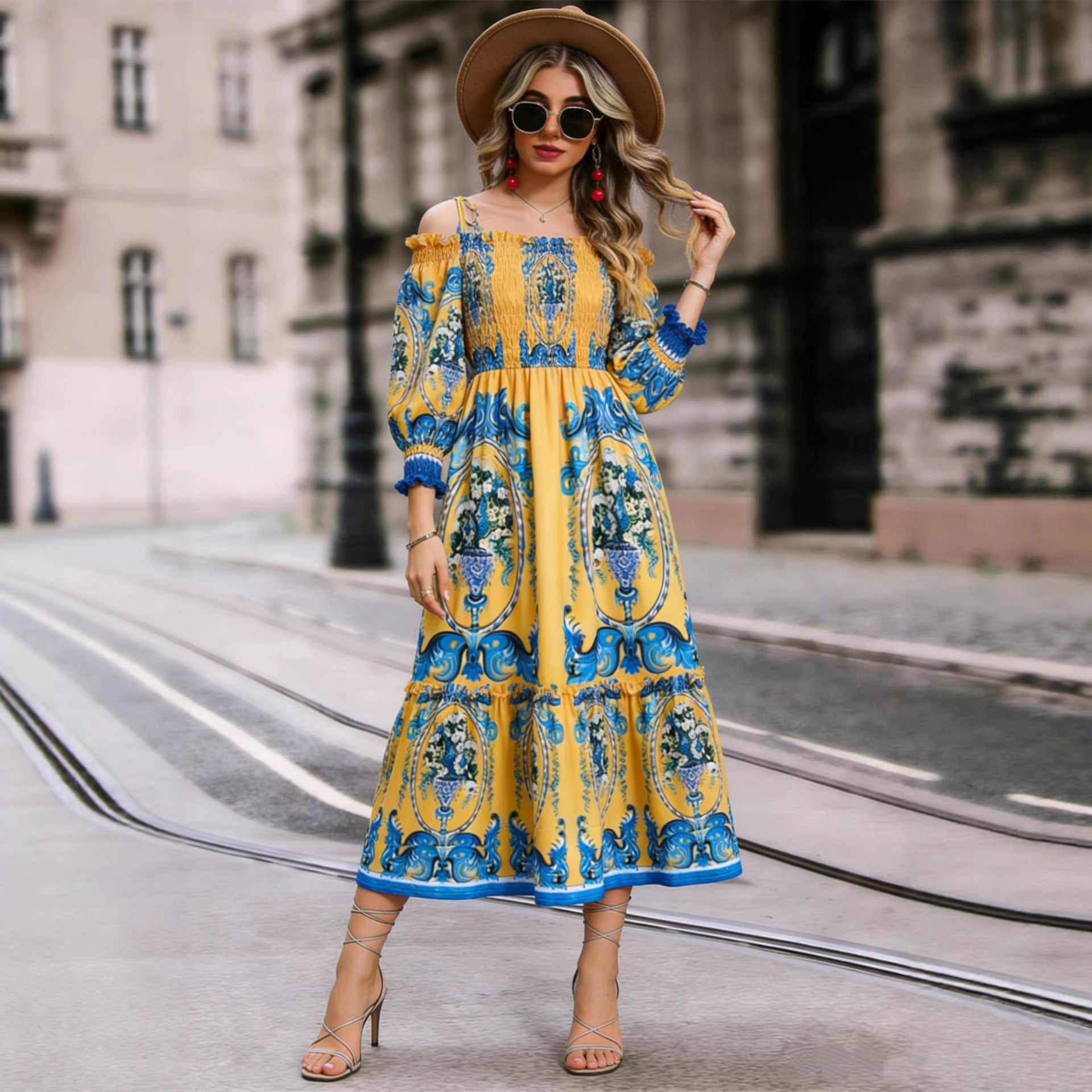 Off-Shoulder Floral Midi Dress, Long Sleeve