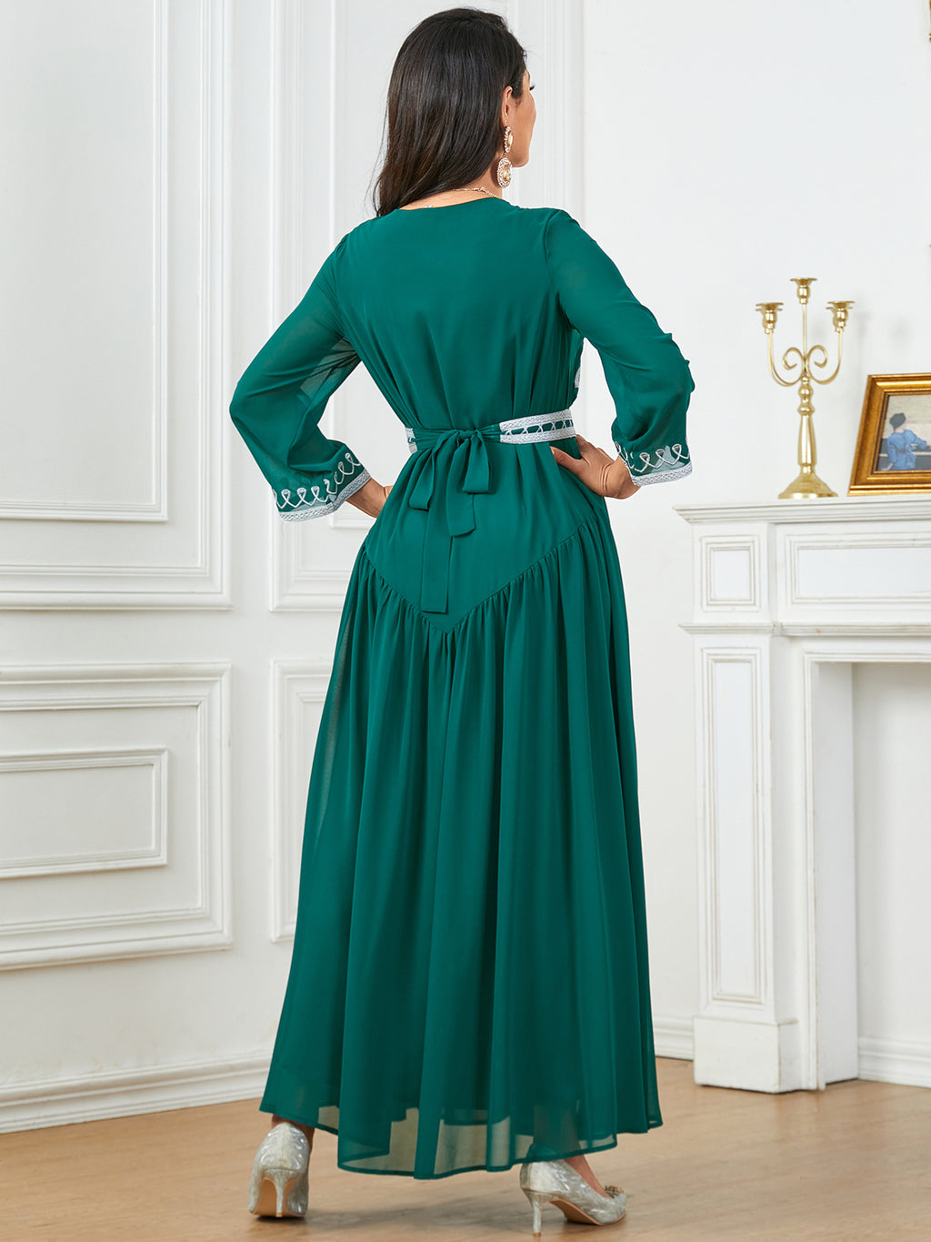 Embroidered V-Neck Robe Maxi Dress