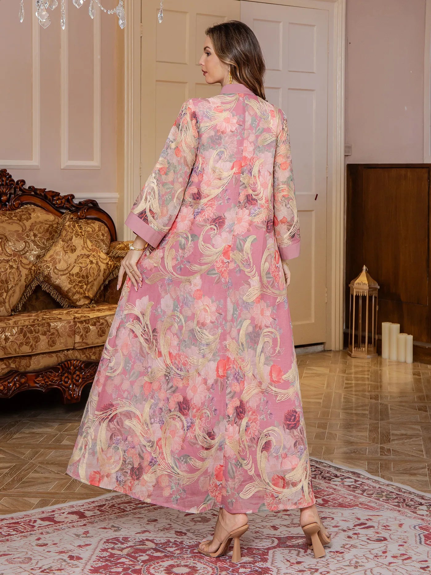 Printed Beaded Robe Maxi Dress