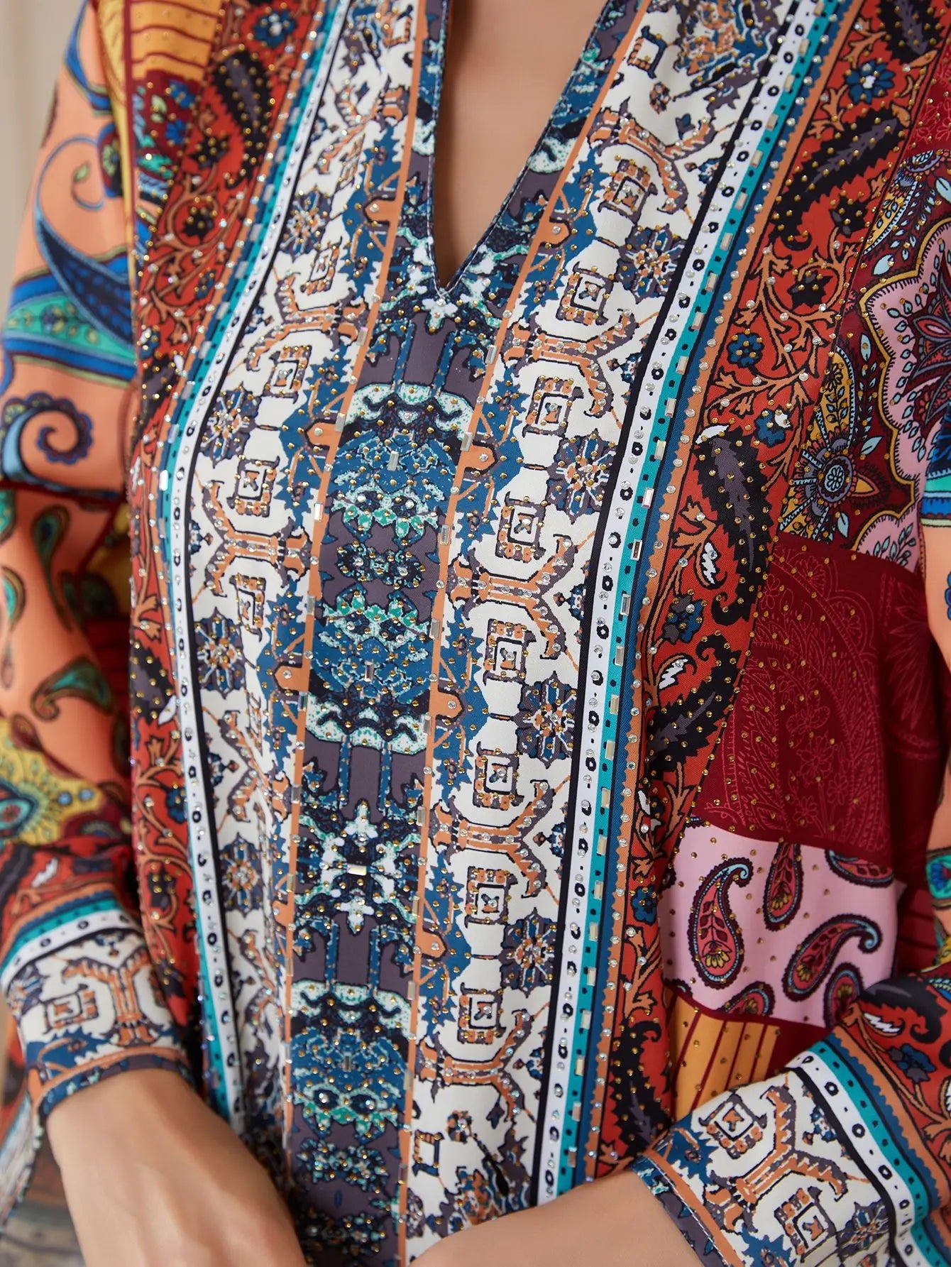 Red Printed Long-Sleeve Maxi Dress