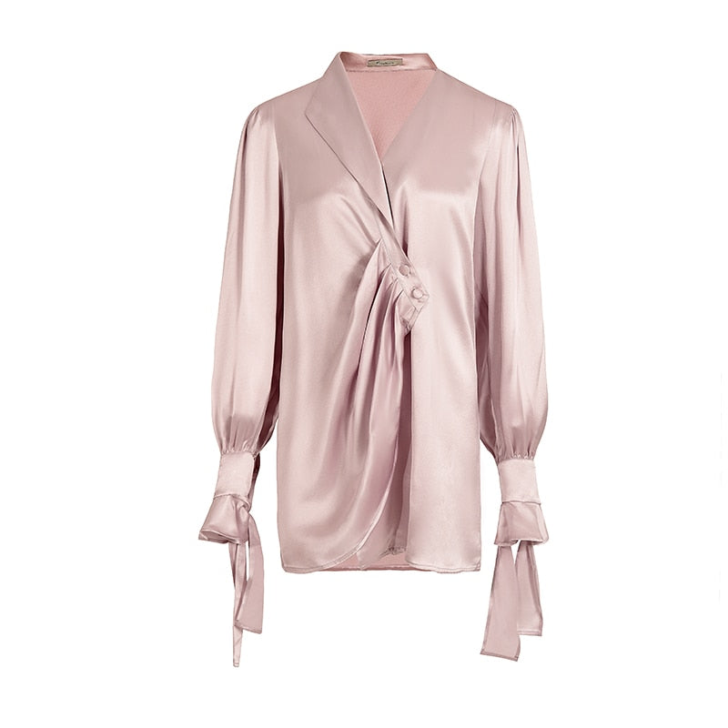 Pleated Satin V-Neck Slim Dress in Light Purple
