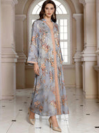 V-Neck Loose Long-Sleeve Maxi Dress, Blue, Apricot & Gray