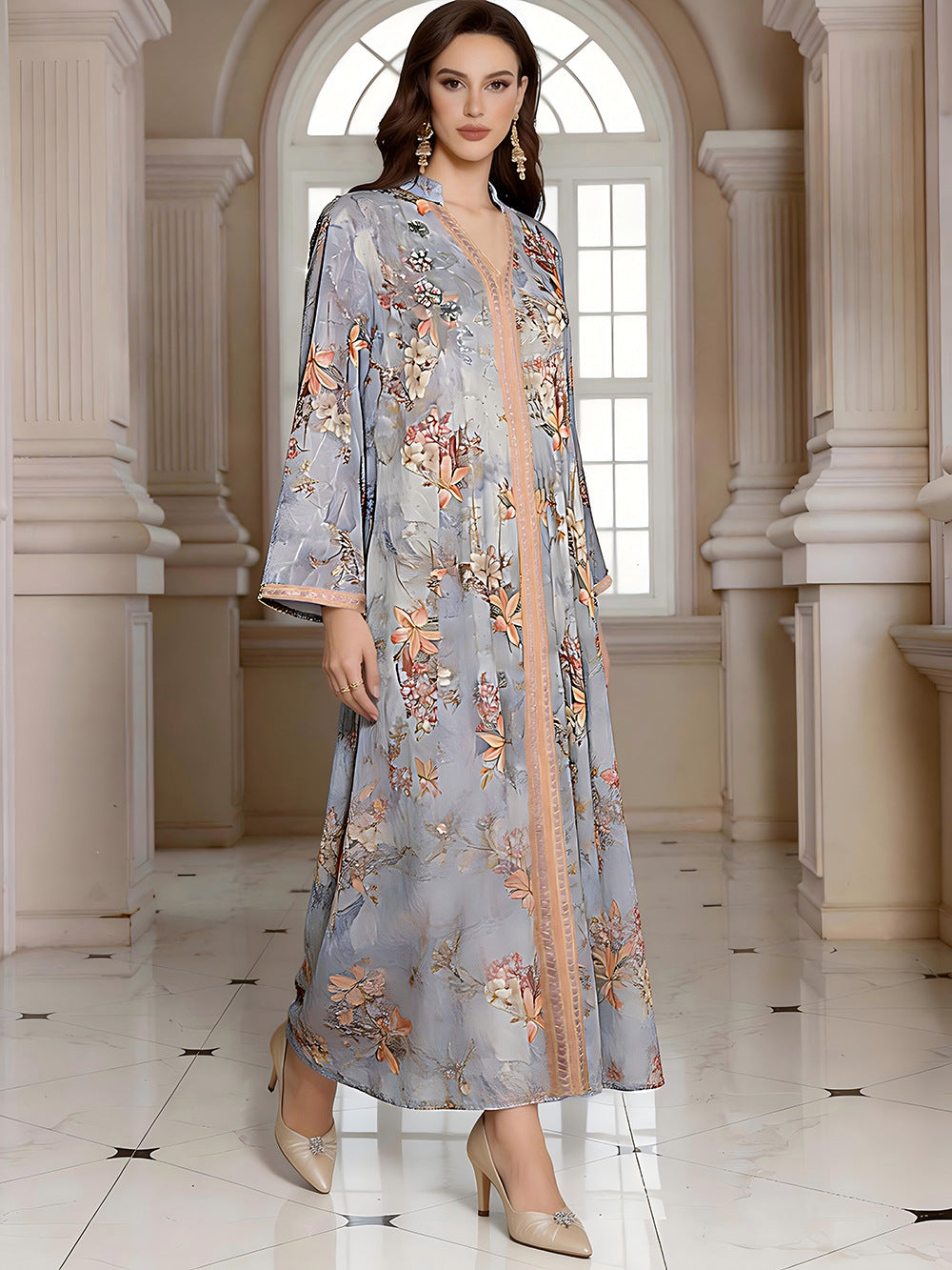 V-Neck Loose Long-Sleeve Maxi Dress, Blue, Apricot & Gray