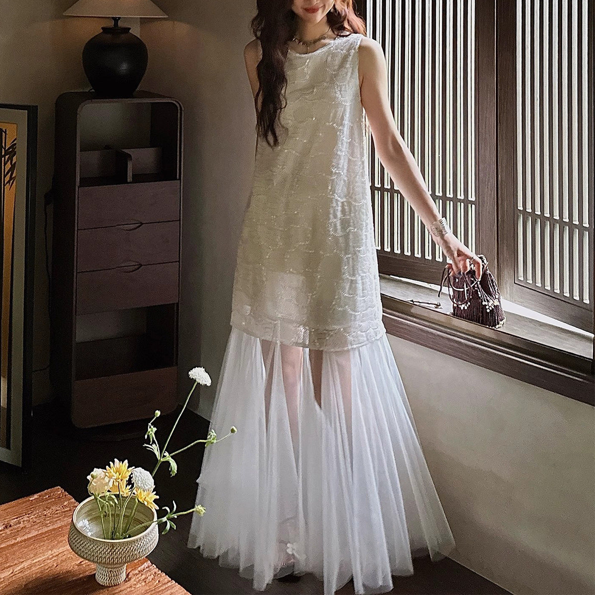 Beaded Embroidered Chiffon Maxi Dress