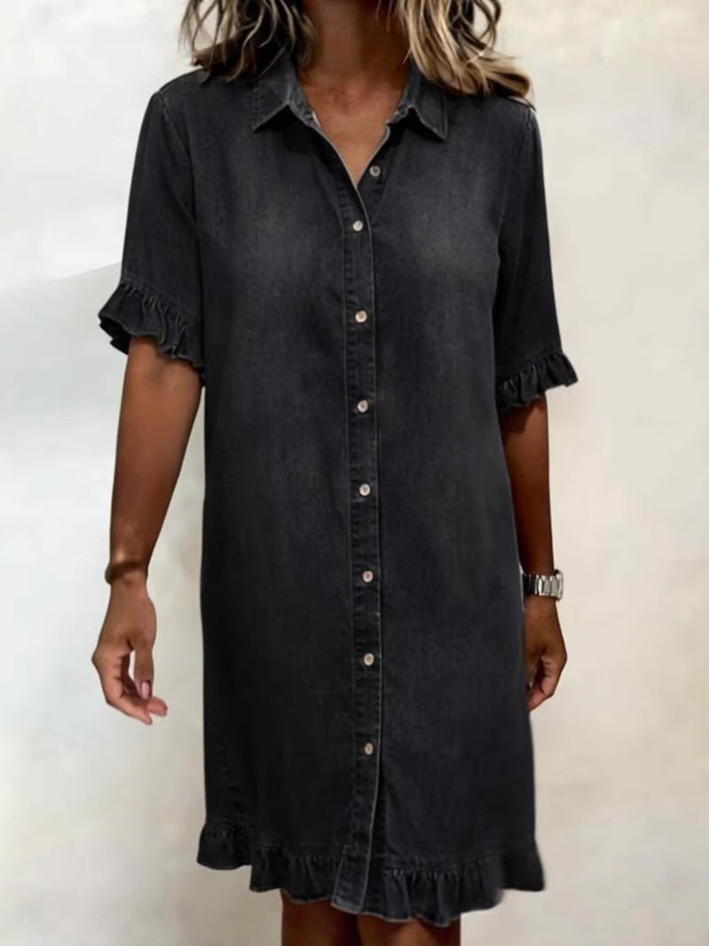 Loose Short-Sleeve Shirt Dress for Women, Shirt Collar