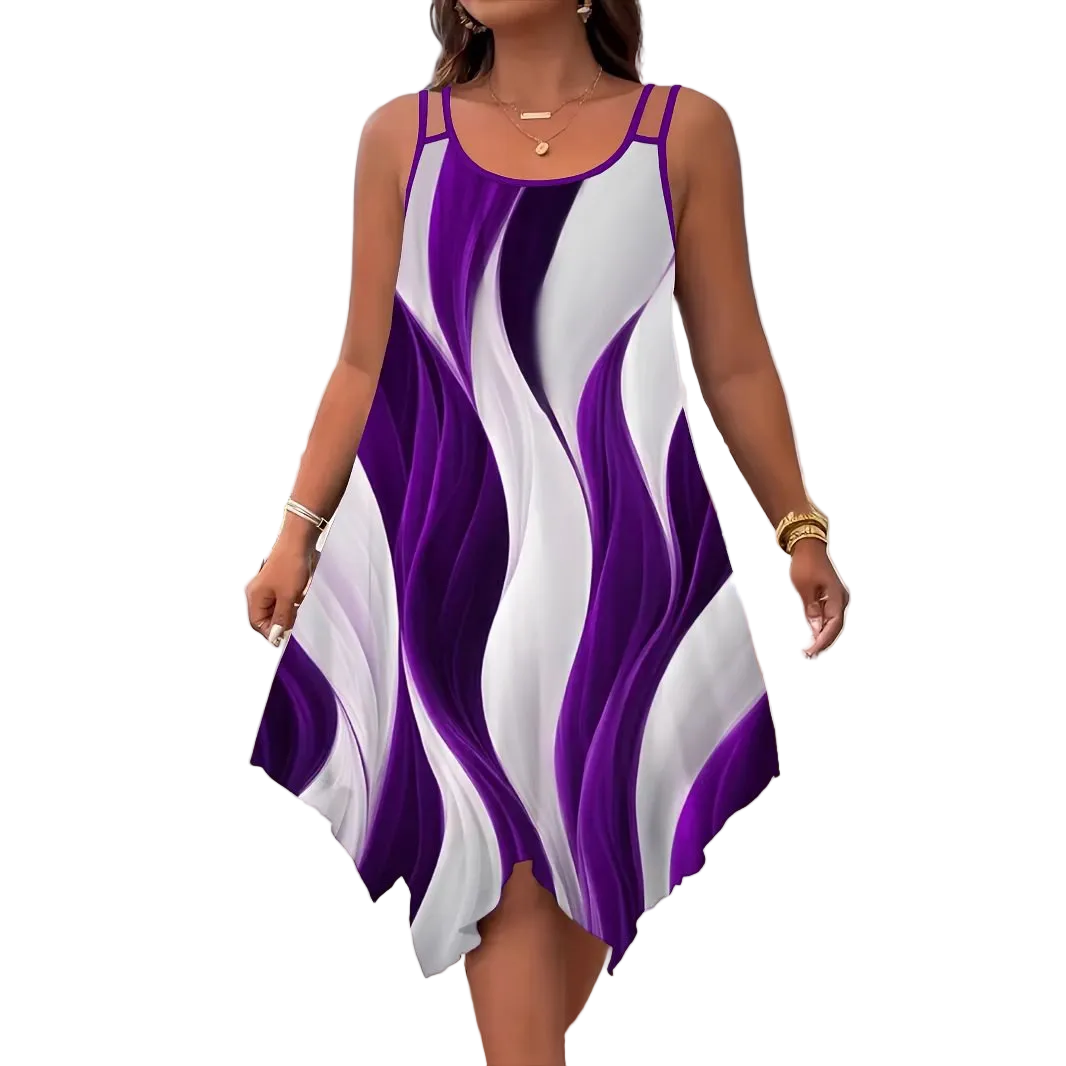 Plus-Size Abstract Print Midi Dress for women with round neck and sleeveless