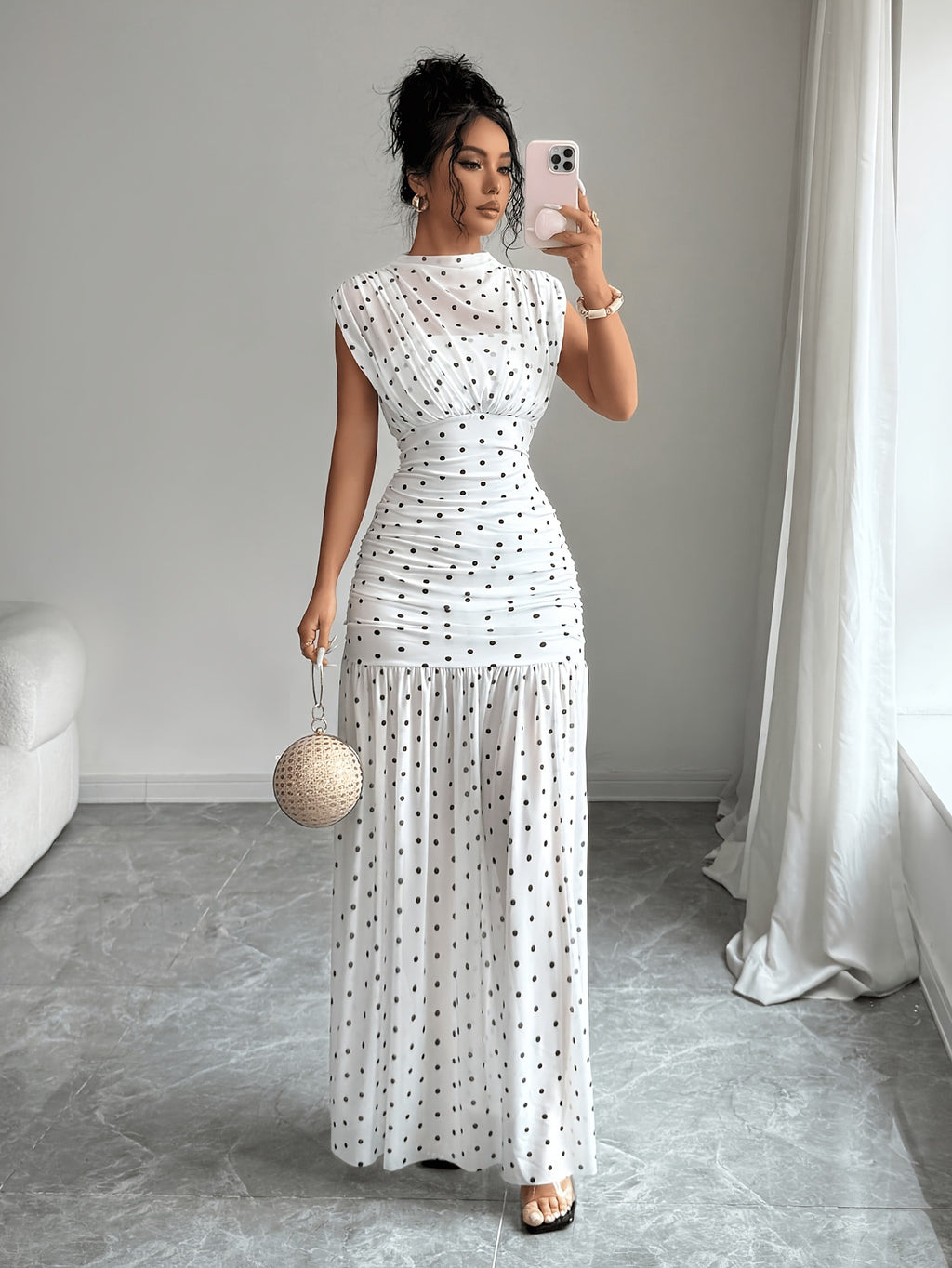 Polka Dot Pleated Maxi Dress