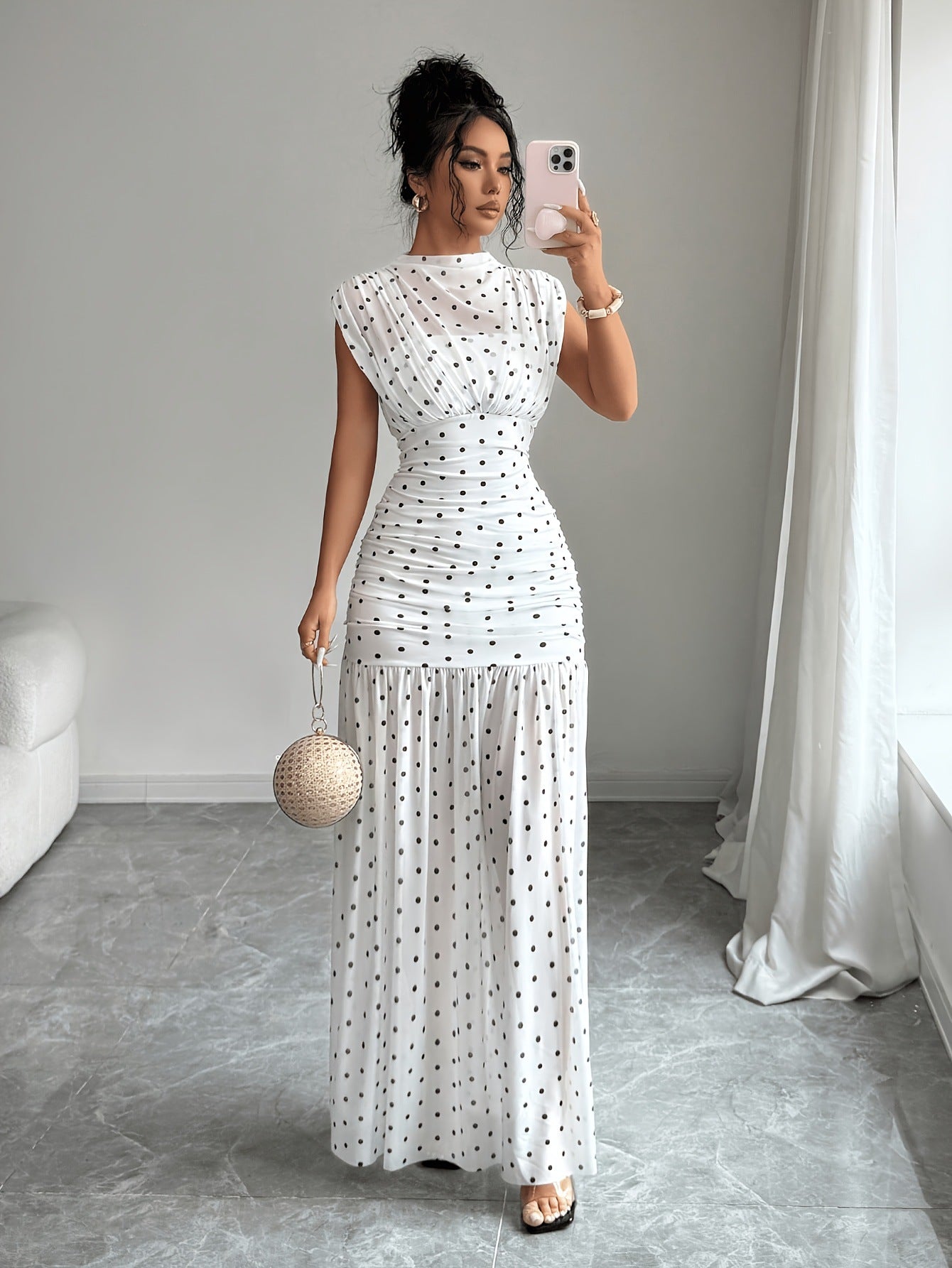 Polka Dot Pleated Maxi Dress