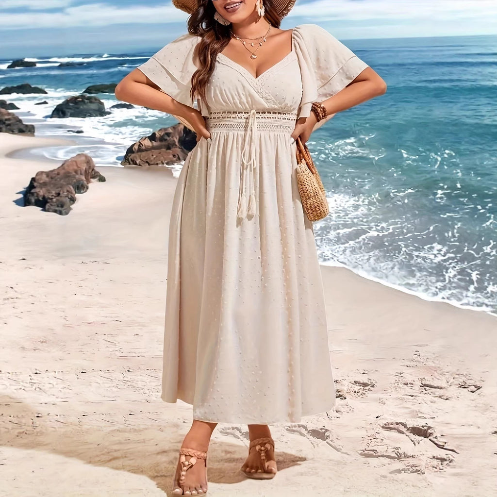 Hollow Lace Tie-Waist V-Neck Maxi Dress for Women, Plus Size