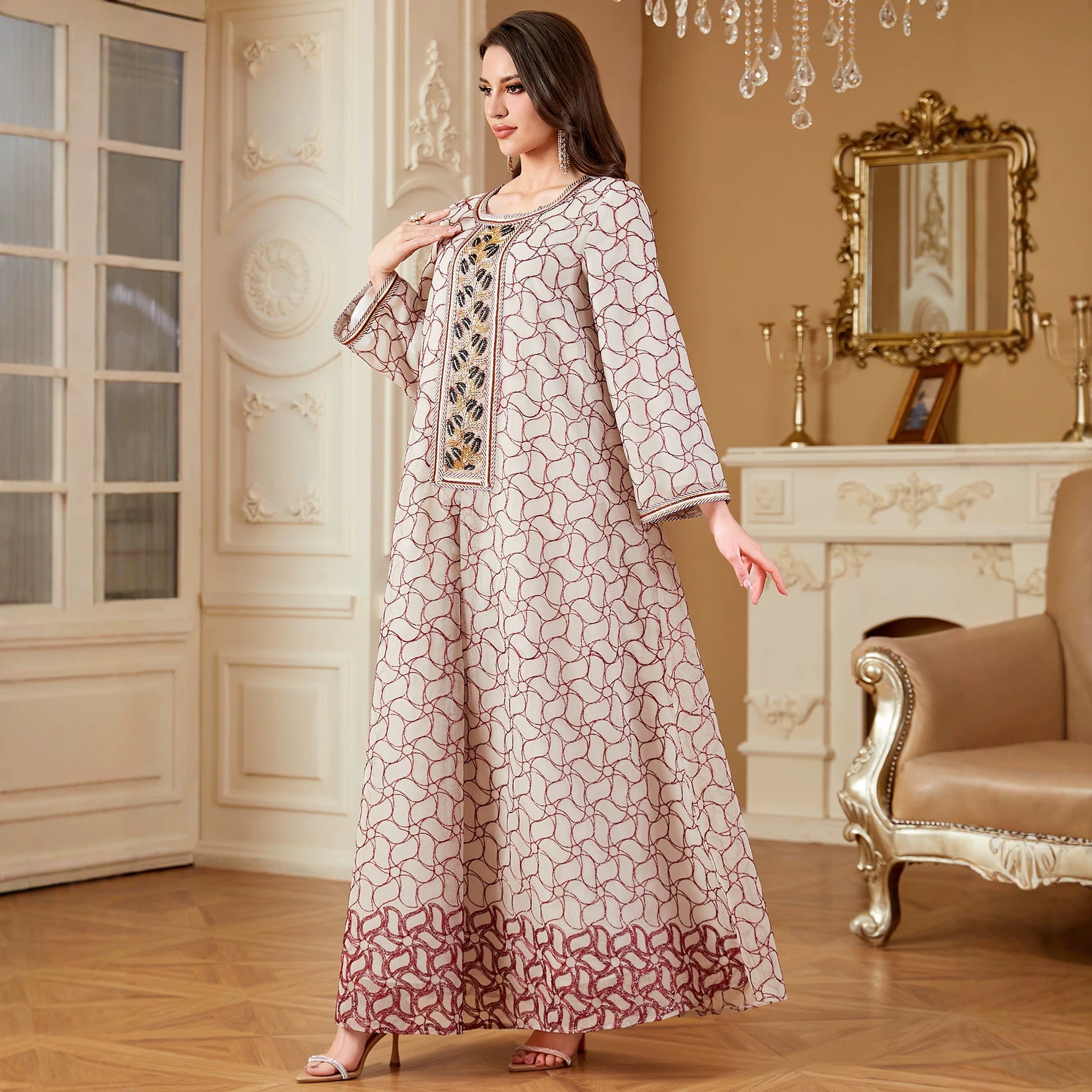 Burgundy Embroidered Applique Maxi Dress