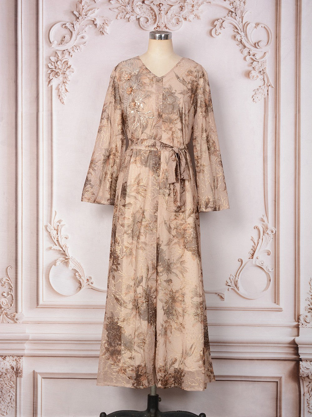 V-Neck Lace-Up Long-Sleeve Maxi Dress