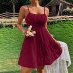 Swiss Dot Strap Umbrella-Skirt Mini Dress for Women, High Waist