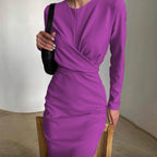 French Vintage Long-Sleeve Bodycon Midi Dress for Women, Round Neck