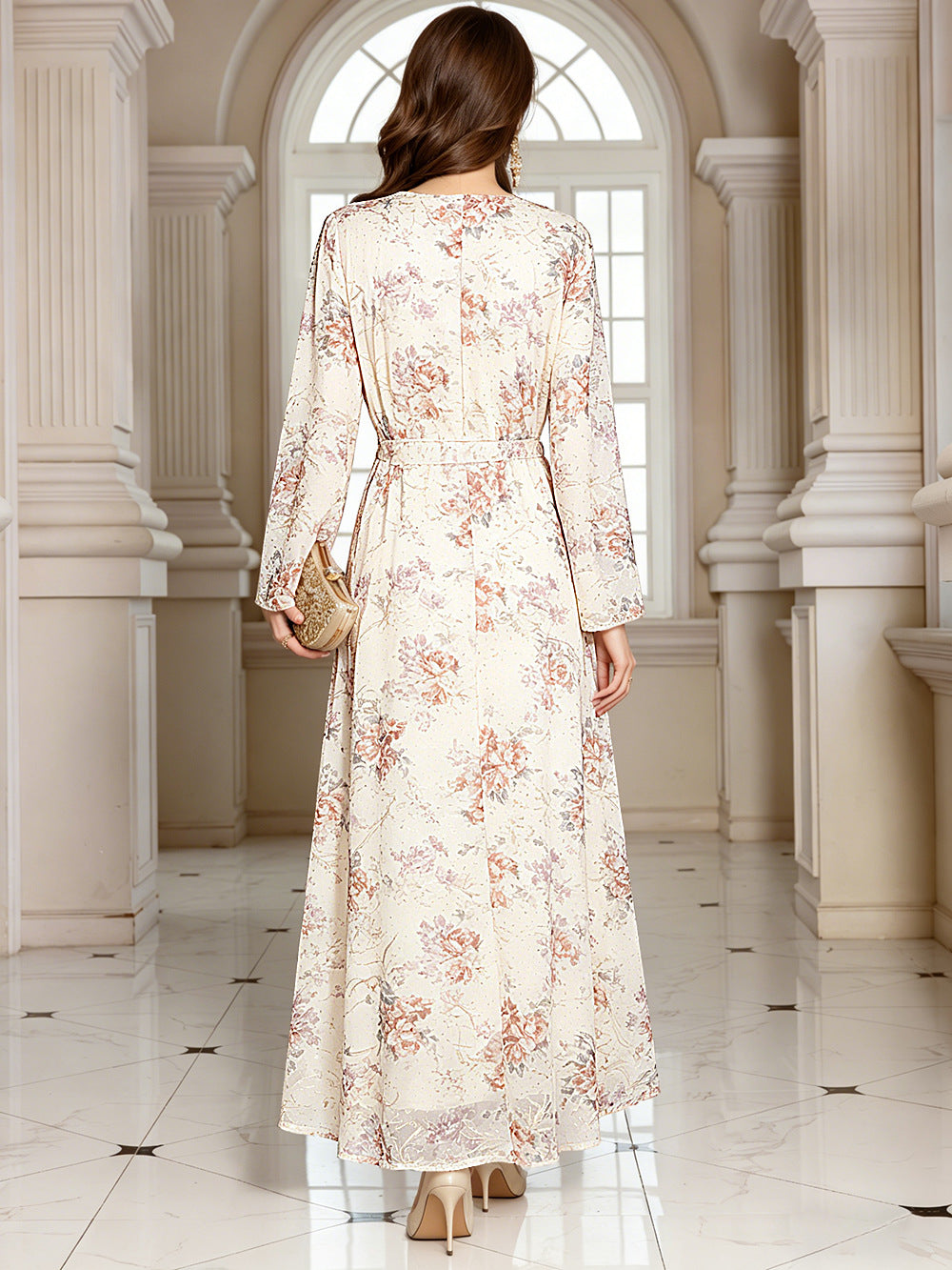 V-Neck Lace-Up Long-Sleeve Maxi Dress