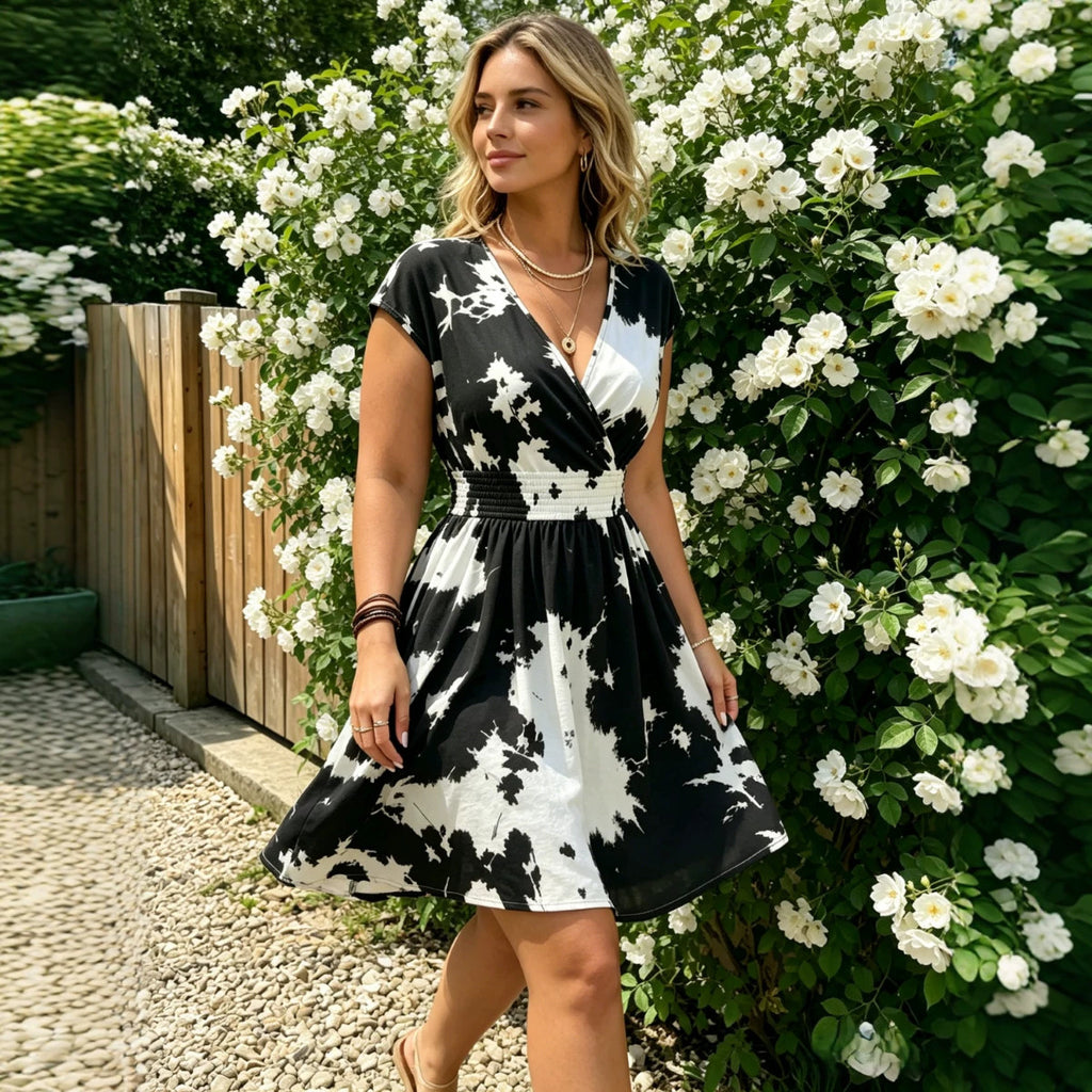 V-Neck Printed Short Sleeve Plus Size Dress for Women