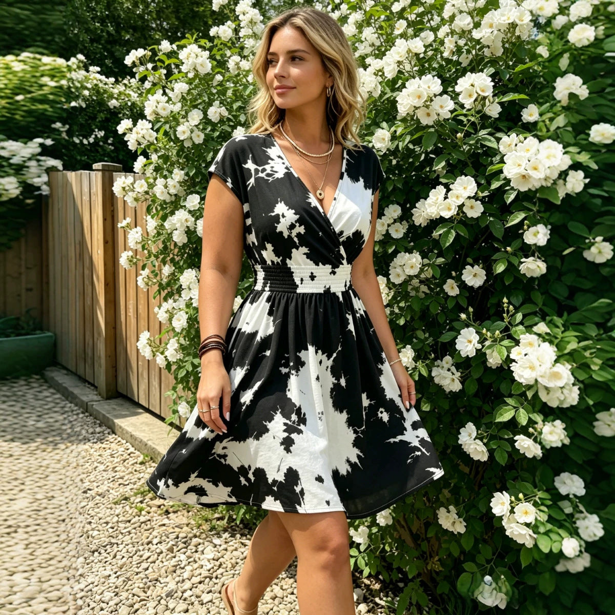 V-Neck Printed Short Sleeve Plus Size Dress for Women
