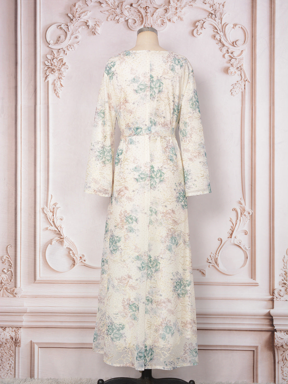 V-Neck Lace-Up Long-Sleeve Maxi Dress