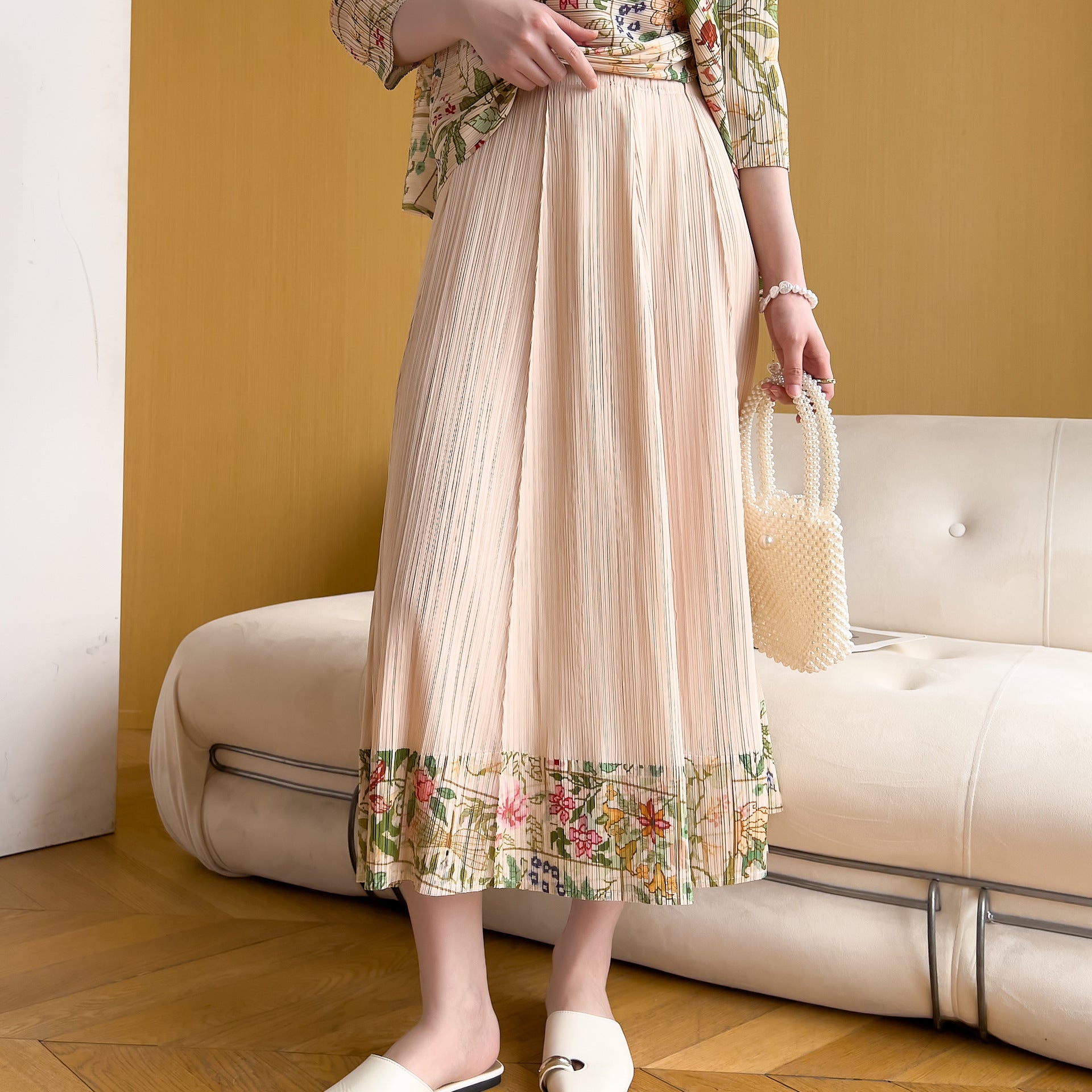 Floral Pleated A-Line Midi Skirt for Women, One Size