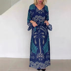 Bohemian Geometric Chiffon Maxi Dress for Women, V-Neck