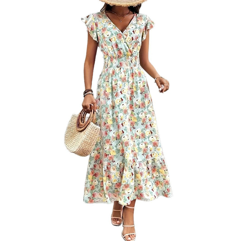 Floral Print V-Neck High-Waist A-Line Dress for Women