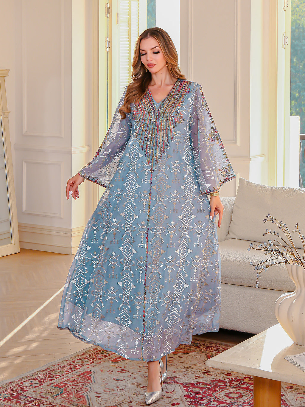 Embroidered V-Neck Abaya Maxi Dress