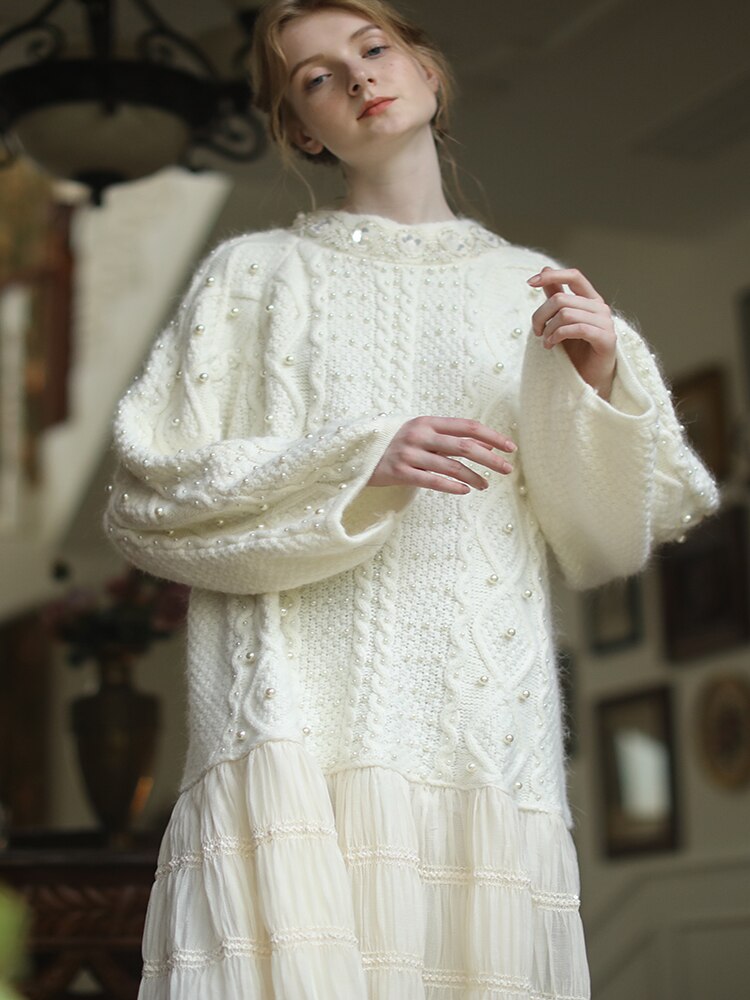 Handmade Beaded Wool Sweater Dress with Full Skirt in White Main image