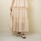Pleated Lace Maxi Skirt for Women, One Size