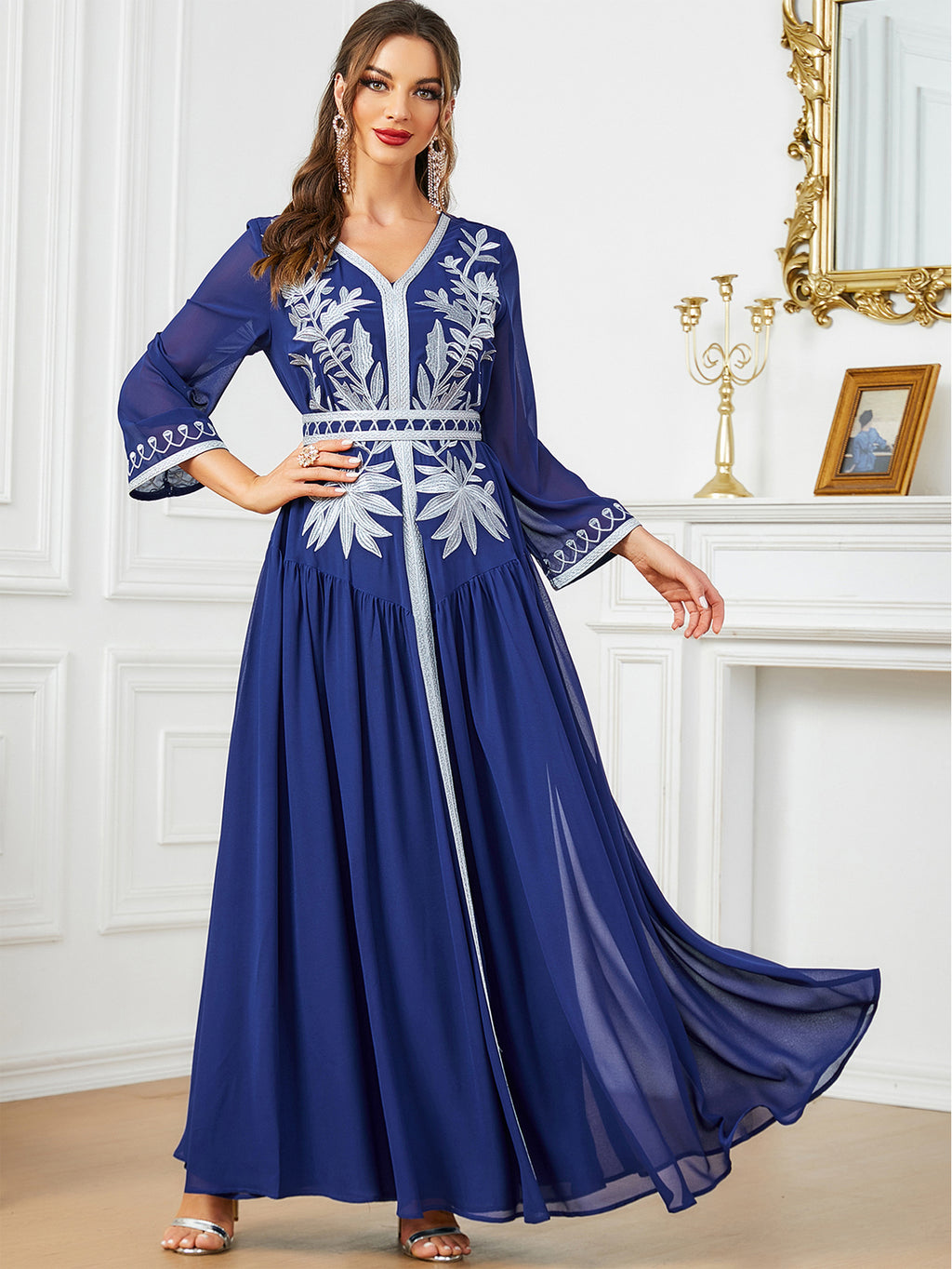 Embroidered V-Neck Robe Maxi Dress