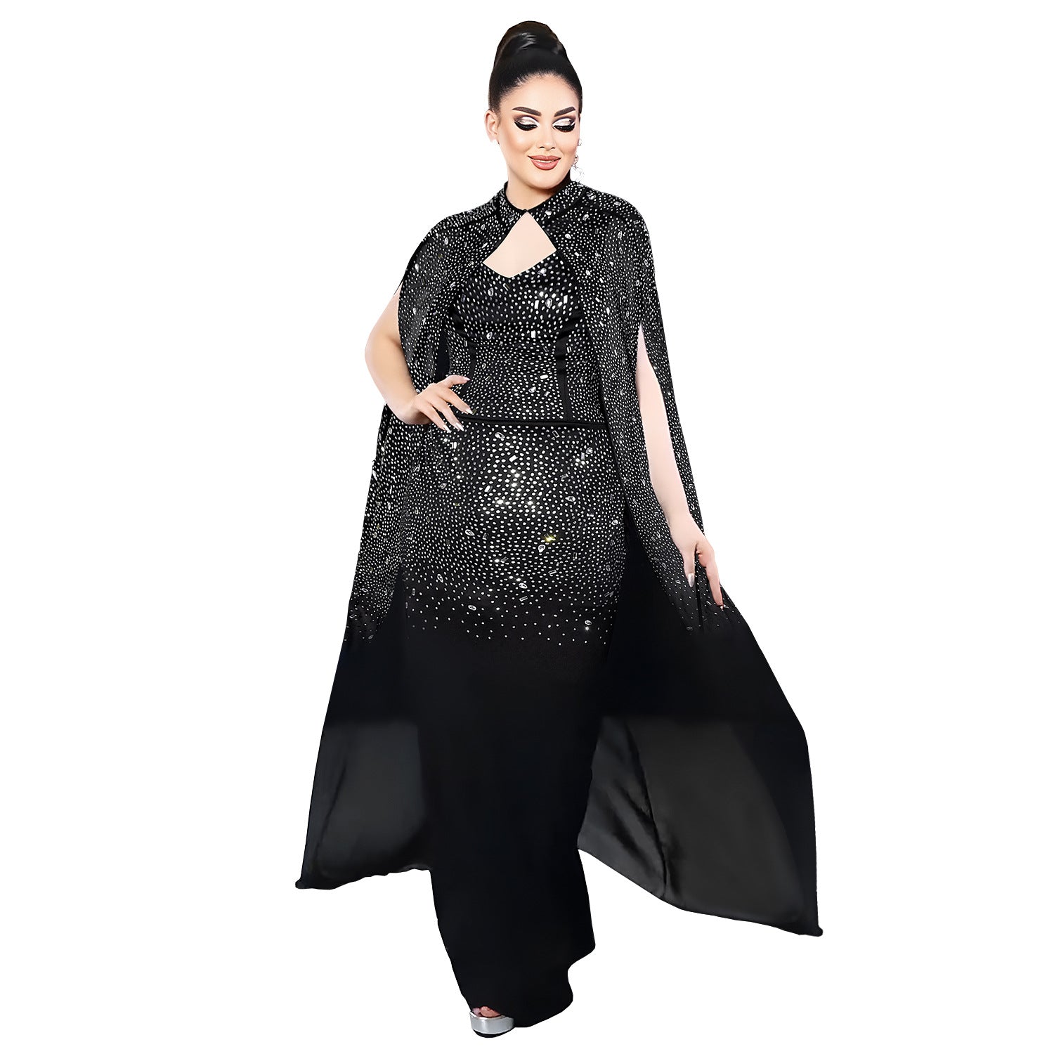 Rhinestone Cape Bodycon Maxi Dress
