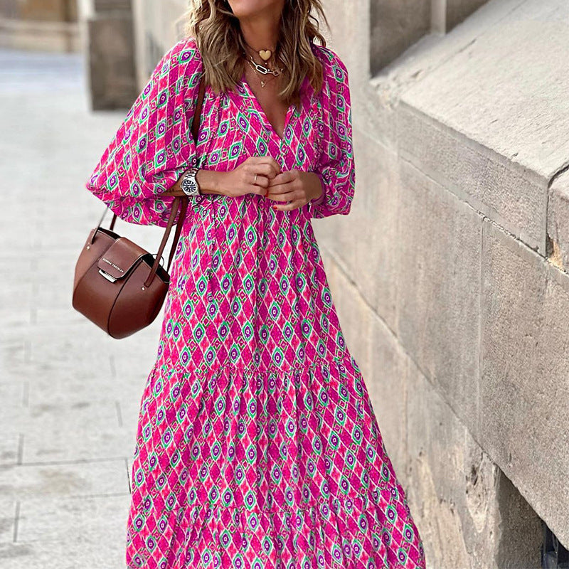 Bohemian Print Long Sleeve Flowy Maxi Dress for Women
