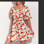 Floral Square-Neck Lantern-Sleeve Mini Dress for Women, A-Line
