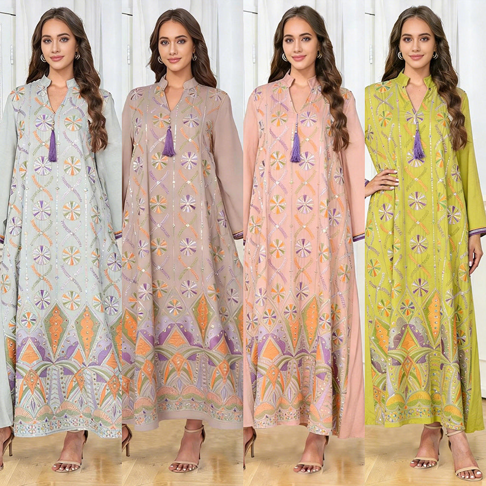 V-Neck Tassel Long-Sleeve Maxi Dress