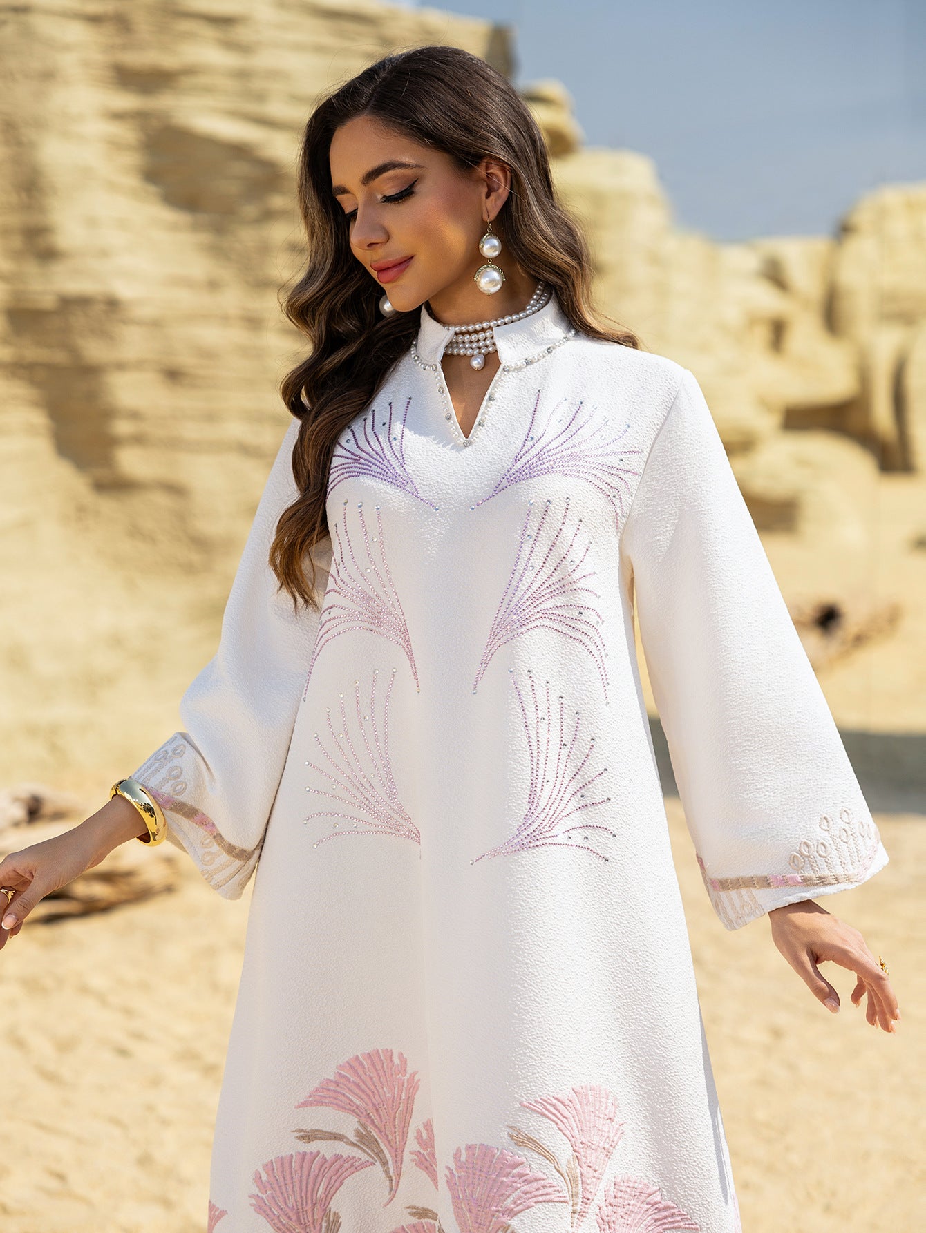 Embroidered Rhinestone Knit Maxi Dress
