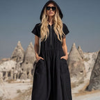 Vintage Cotton-Linen Hooded Half-Zip Midi Dress for Women