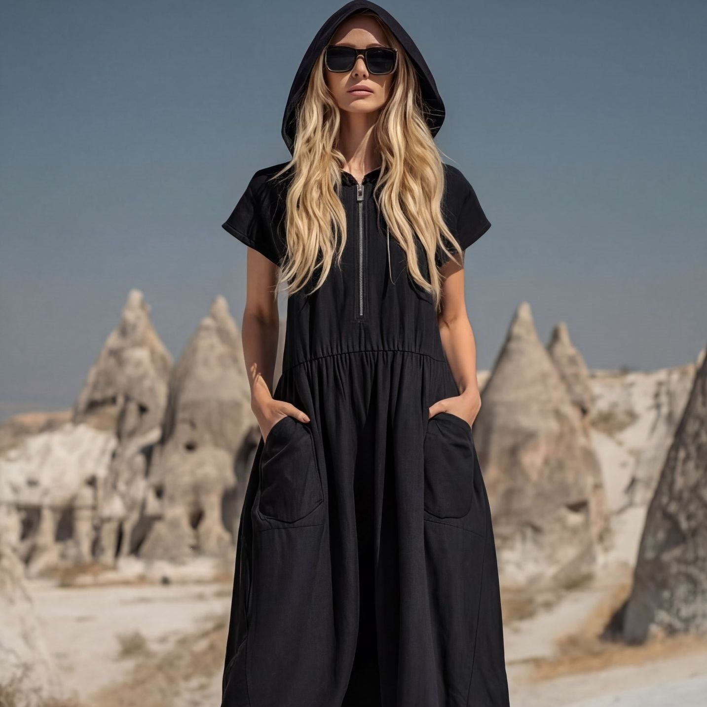 Vintage Cotton-Linen Hooded Half-Zip Midi Dress for Women