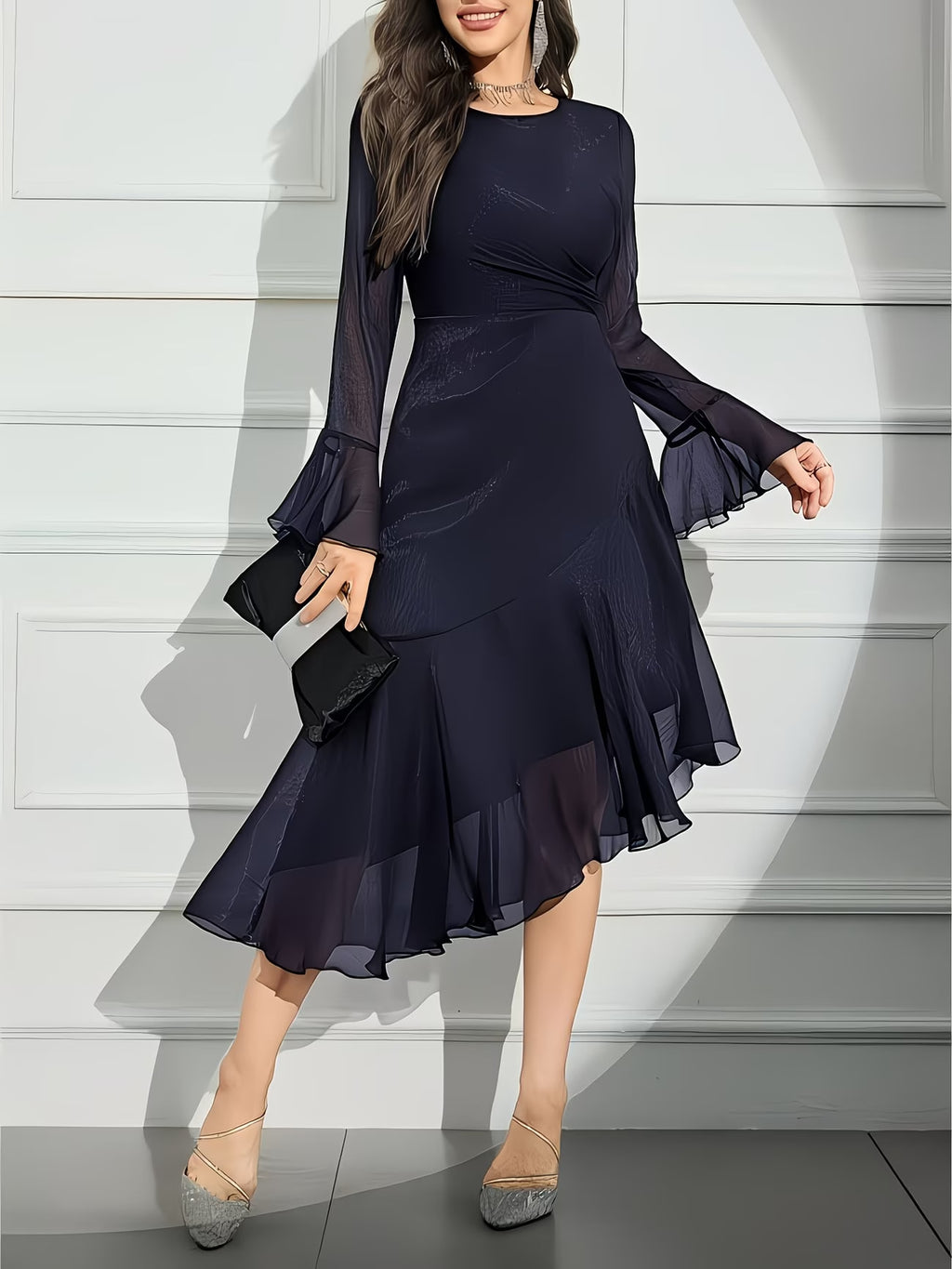 Ruffle-Pleat Slim-Fit Midi Dress for Women, Long Sleeve