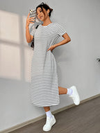 Zebra-Stripe High-Slit Midi Dress for Women, Round Neck Short Sleeve