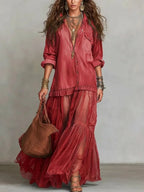 Denim-Look Chiffon Maxi Dress, Long Sleeve