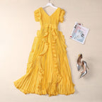 V-Neck Ruffle-Trim Sleeveless Maxi Dress in Yellow