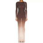 Gradient Rhinestone Long Sleeve Bodycon Gown in Brown