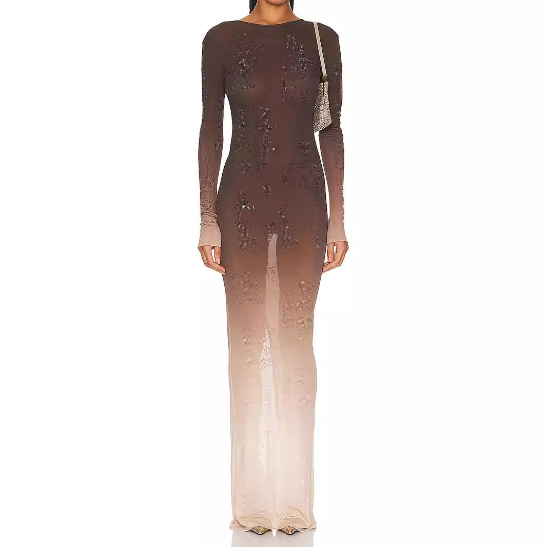 Gradient Rhinestone Long Sleeve Bodycon Gown in Brown