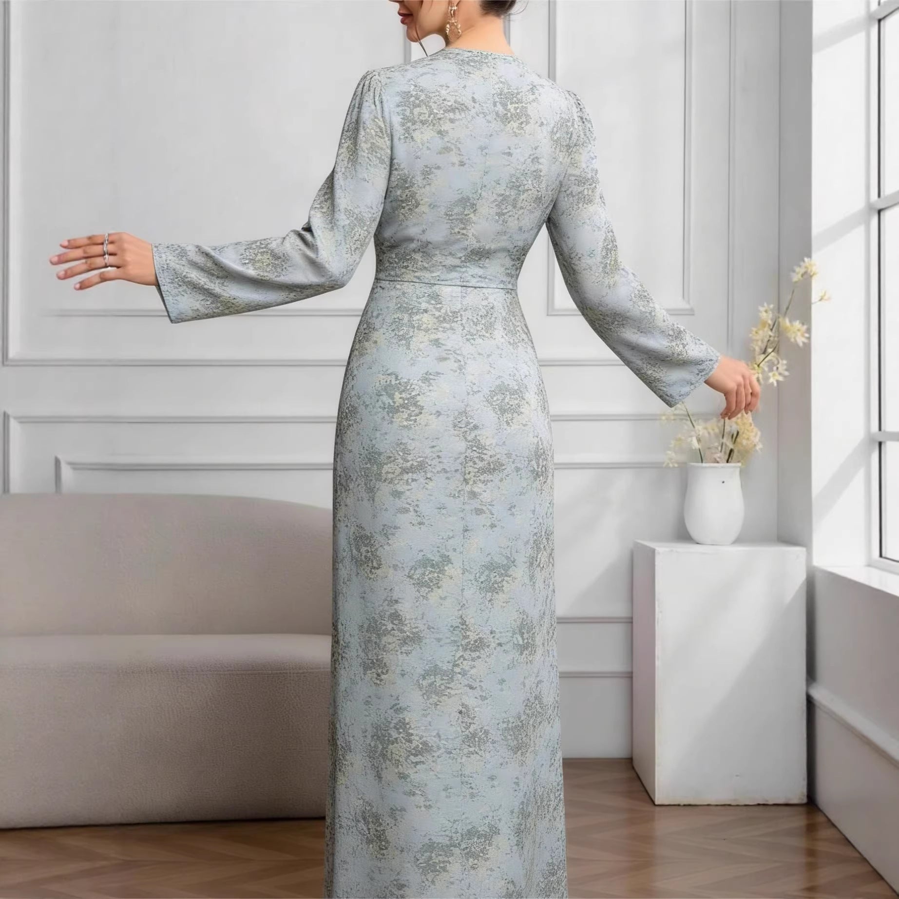 Elegant Floral Long-Sleeve Maxi Dress with Tie Waist for Women