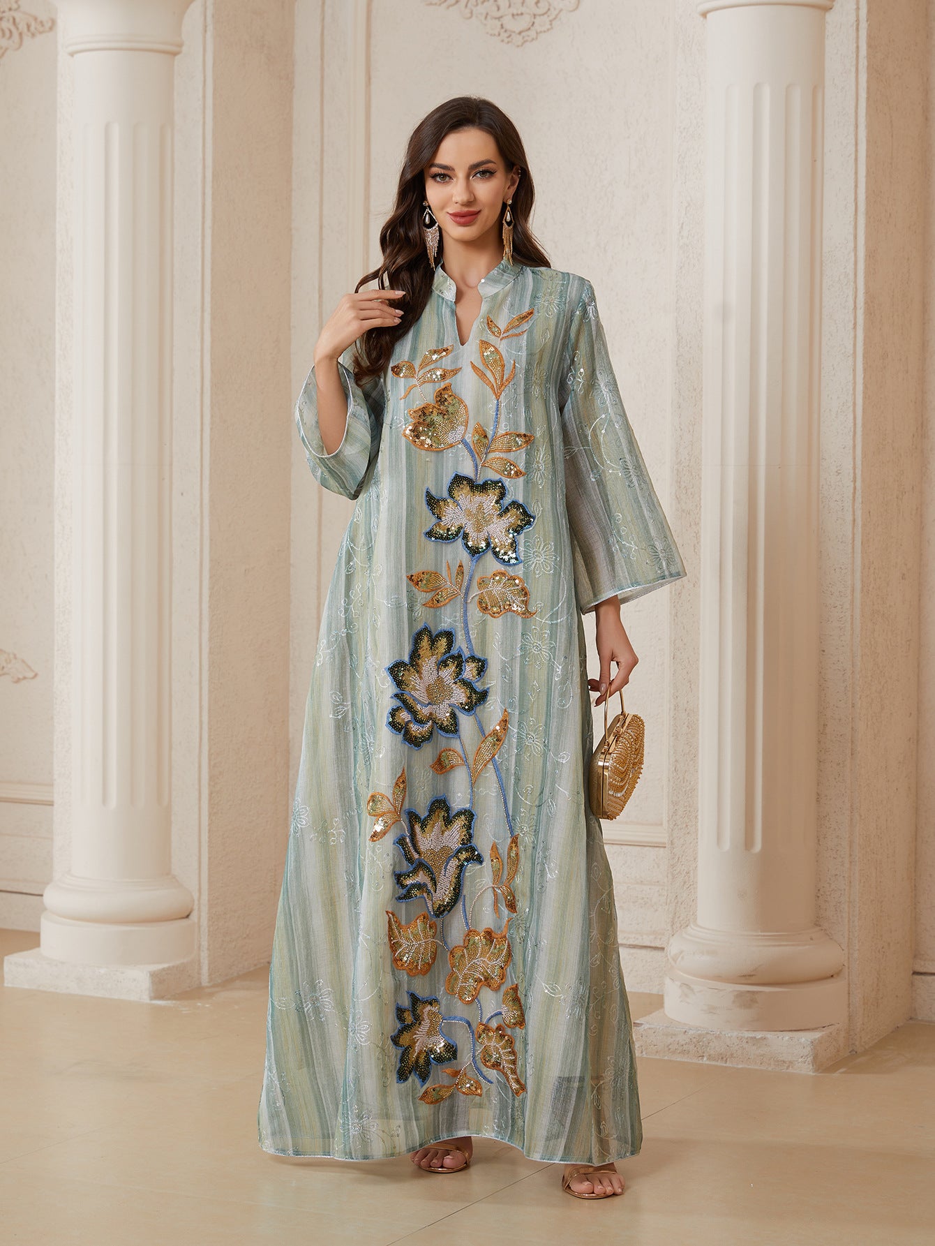 Mesh Beaded Long-Sleeve Maxi Dress